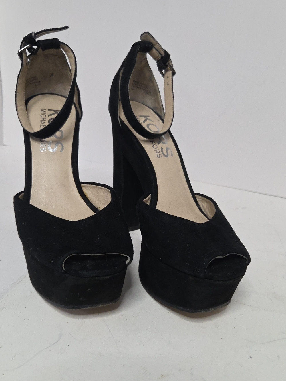 Michael Kors Black Suede Platform Peep-Toe Ankle-Strap Heels 5 In